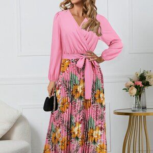 Pleated Printed Surplice Long Sleeve Dress